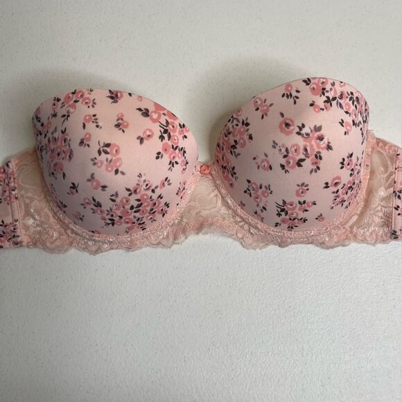 Laura Ashley Pink Peach Floral Strapless Push Up Bra Lace Women 34C No Straps - Picture 8 of 15